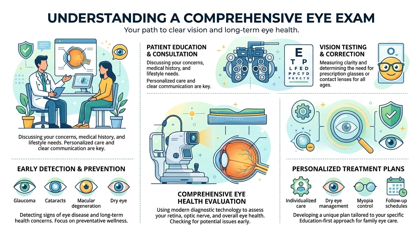 An infographic titled Understanding a Comprehensive Eye Exam, detailing the process including patient consultation, vision testing with an eye chart, a comprehensive eye health evaluation using advanced diagnostic technology, early disease detection for conditions like cataracts and macular degeneration, and personalized treatment plans for eye care.