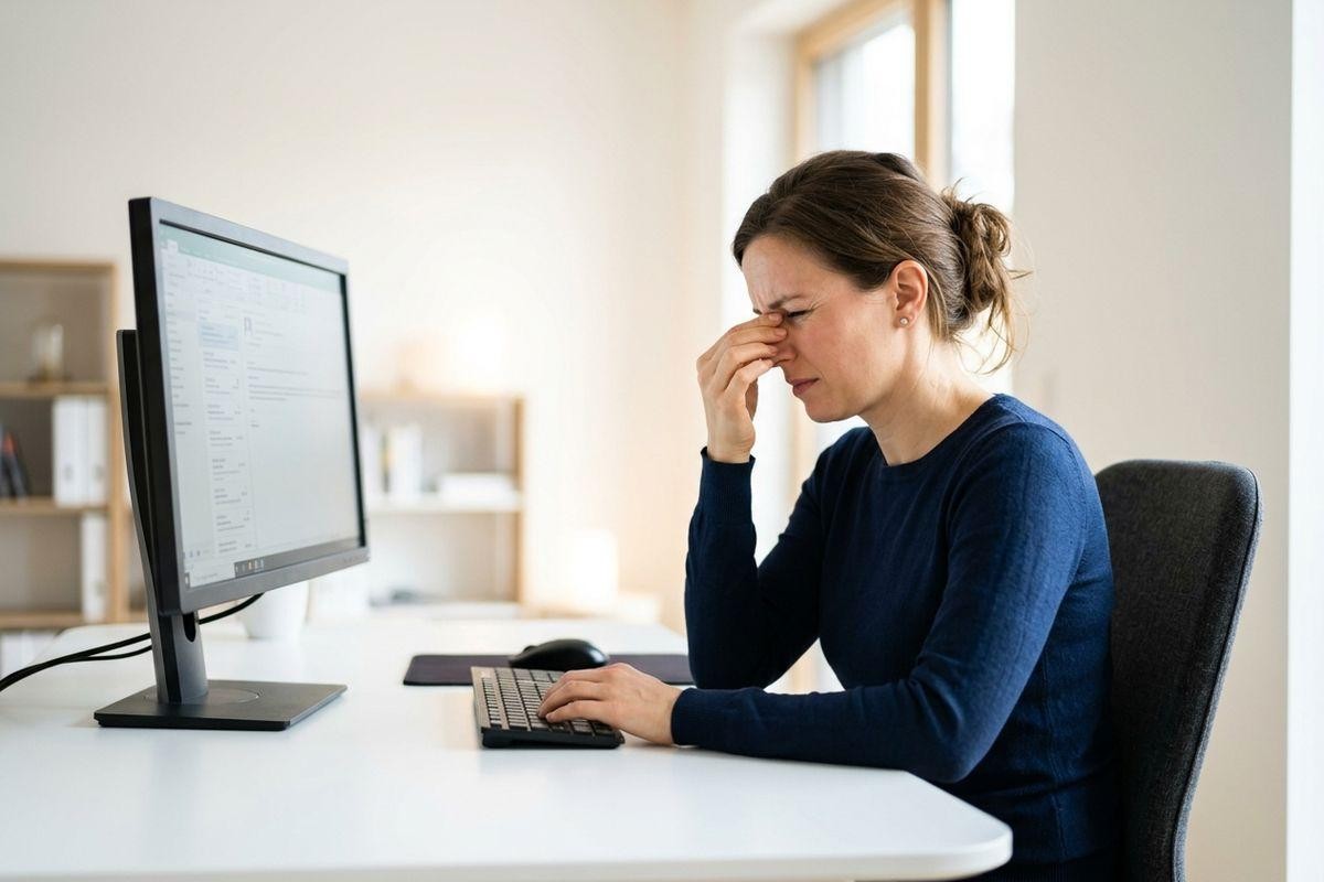 Adult sitting at a desk, pinching the bridge of their nose with eyes closed, hand on keyboard, desktop monitor in front of them.
