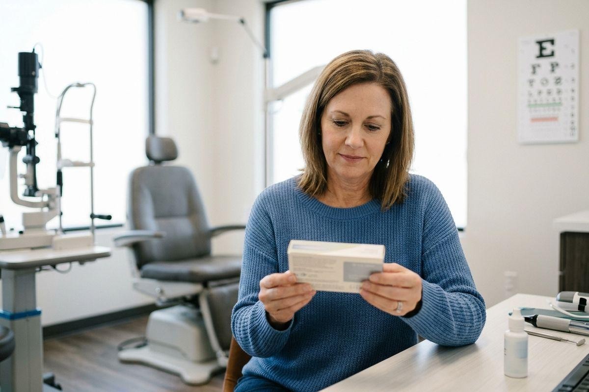 Adult reading a small product package while seated at a desk in an eye exam room with a slit lamp and eye chart visible.
