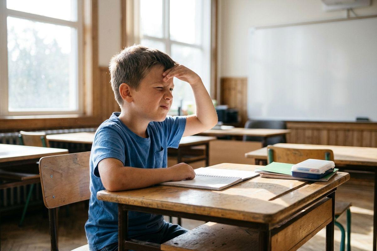 Child at a classroom desk squinting with a hand on the forehead, notebook open in front.