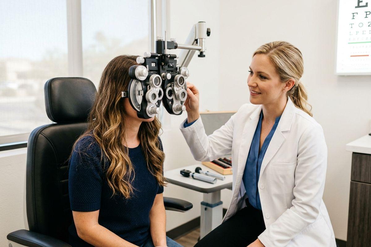 Optometrist adjusts a phoropter for a patient during an eye exam, with an eye chart on the wall.