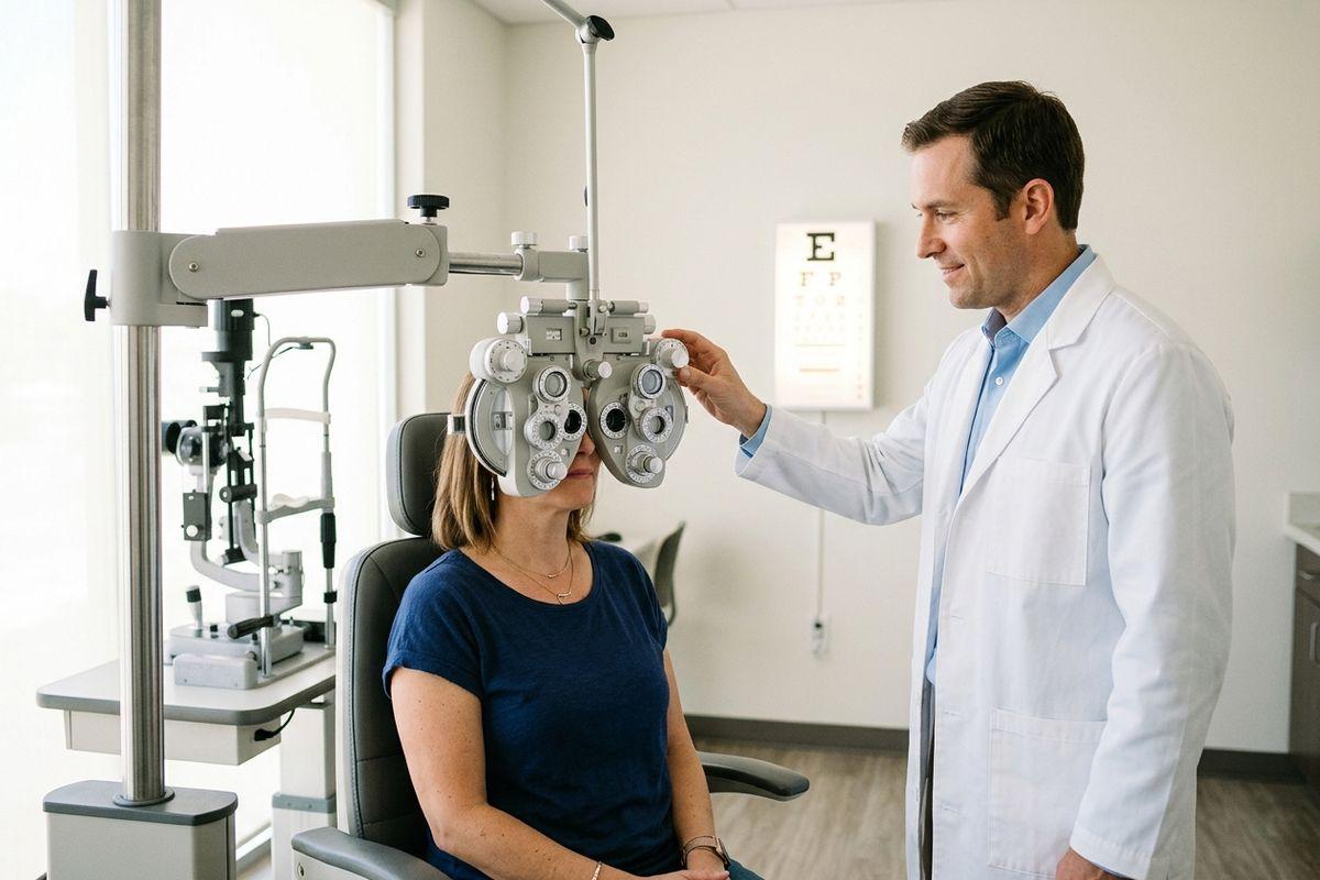 Optometrist adjusting a phoropter during an eye exam as a seated patient looks through it, eye chart on wall behind.