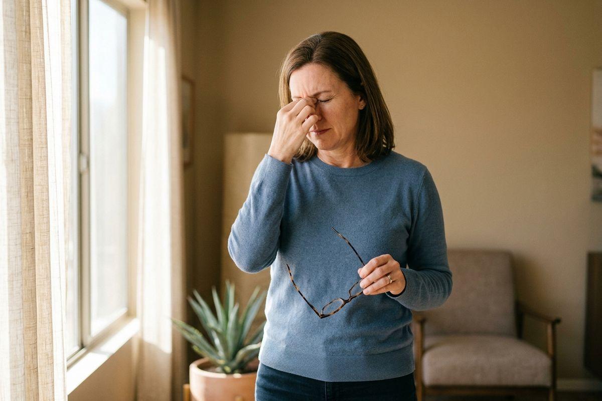 Person in blue sweater pinching bridge of nose with eyes closed, holding glasses, standing by a window indoors.