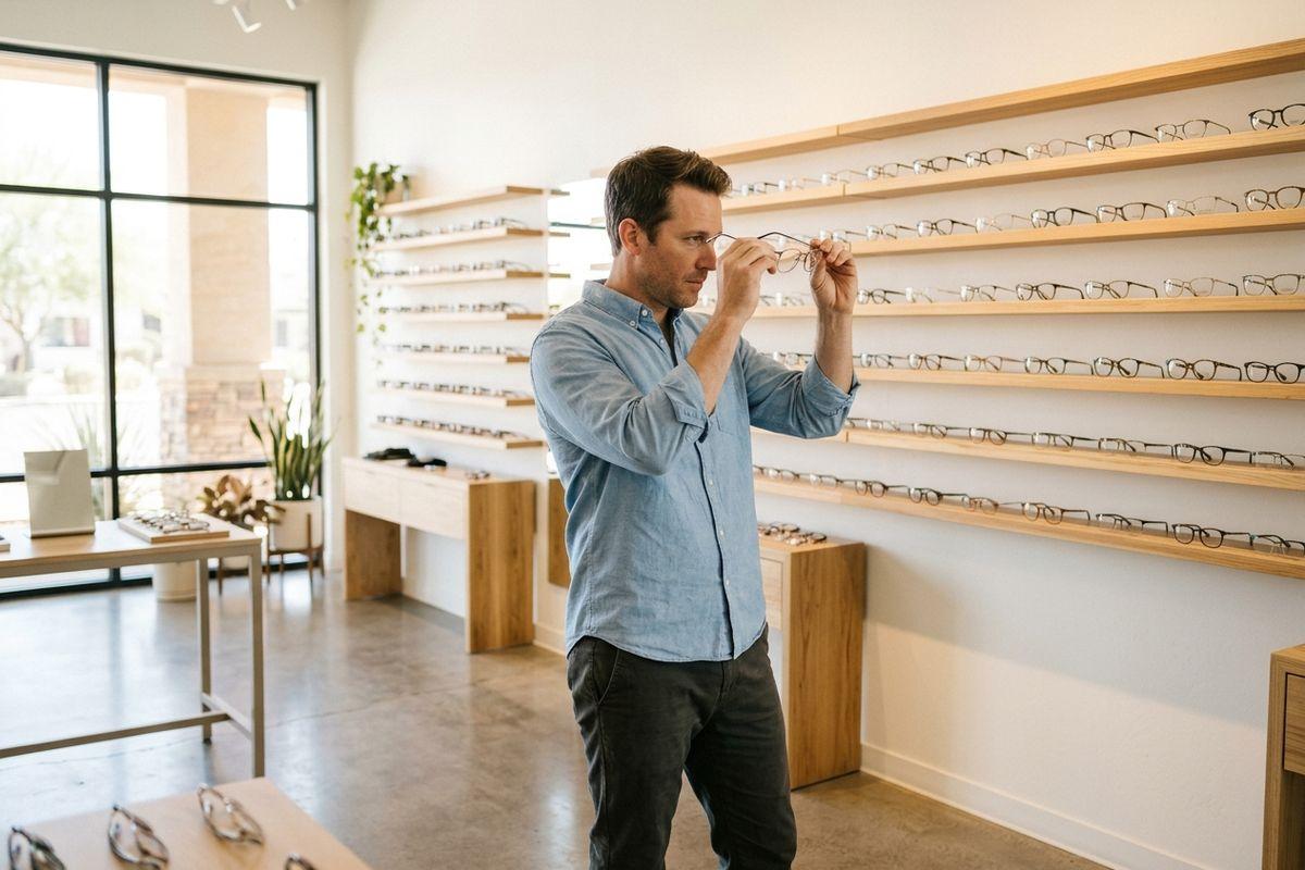Adult trying on eyeglasses frames in an optical shop, holding frames up to face while examining them, shelves of glasses visible behind.