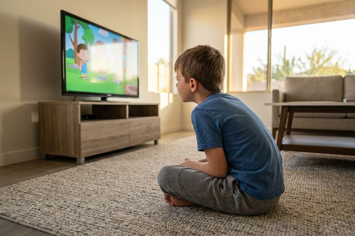 Child sitting cross-legged on a living room rug, watching an animated cartoon on a TV on a wooden media console.