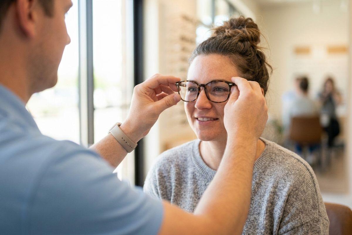 Optician fitting eyeglasses onto a smiling adult in an optical shop, with eyewear displays visible in the background.