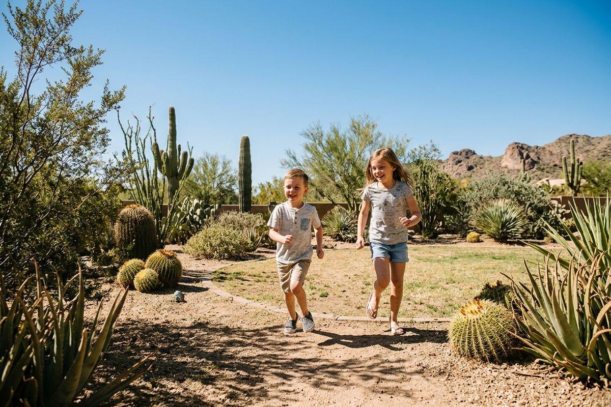 Smiling children running along a desert garden path surrounded by saguaro cacti, agave, and rocky hills under a clear blue sky.
