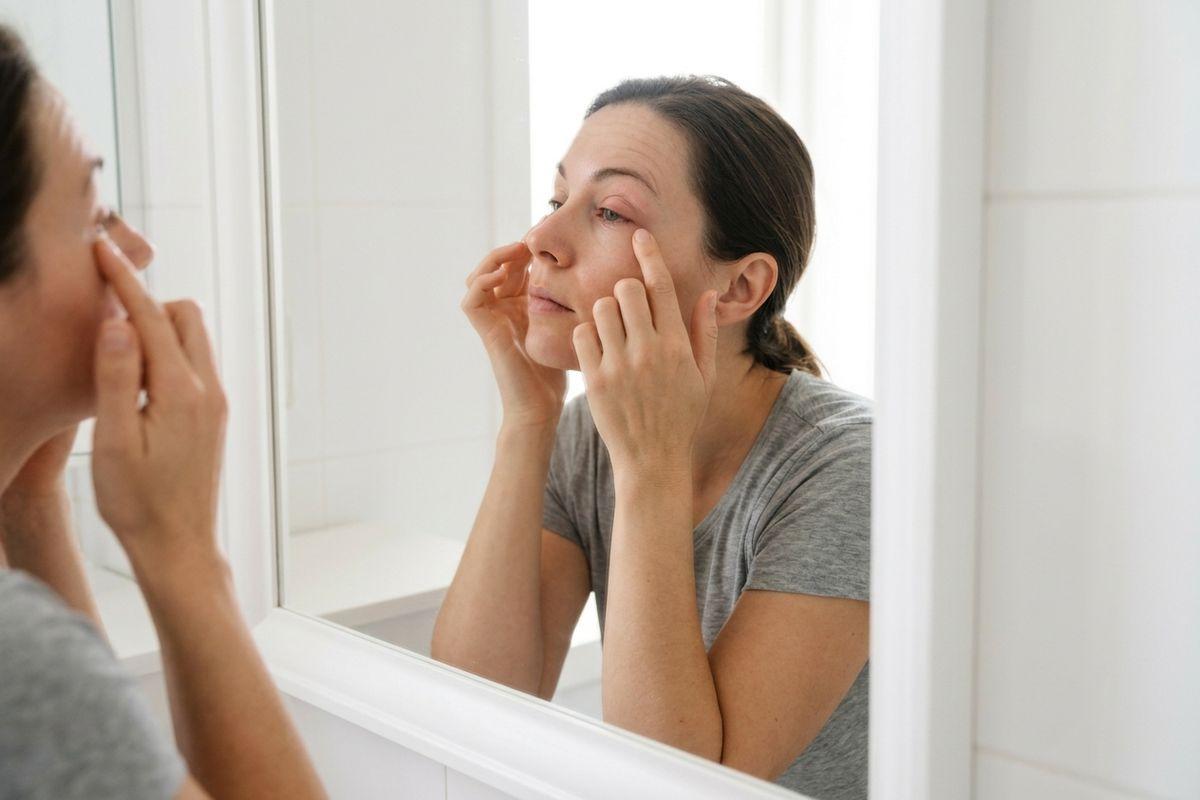 An adult examining their eye area closely in a bathroom mirror, pressing fingers gently under one eye.