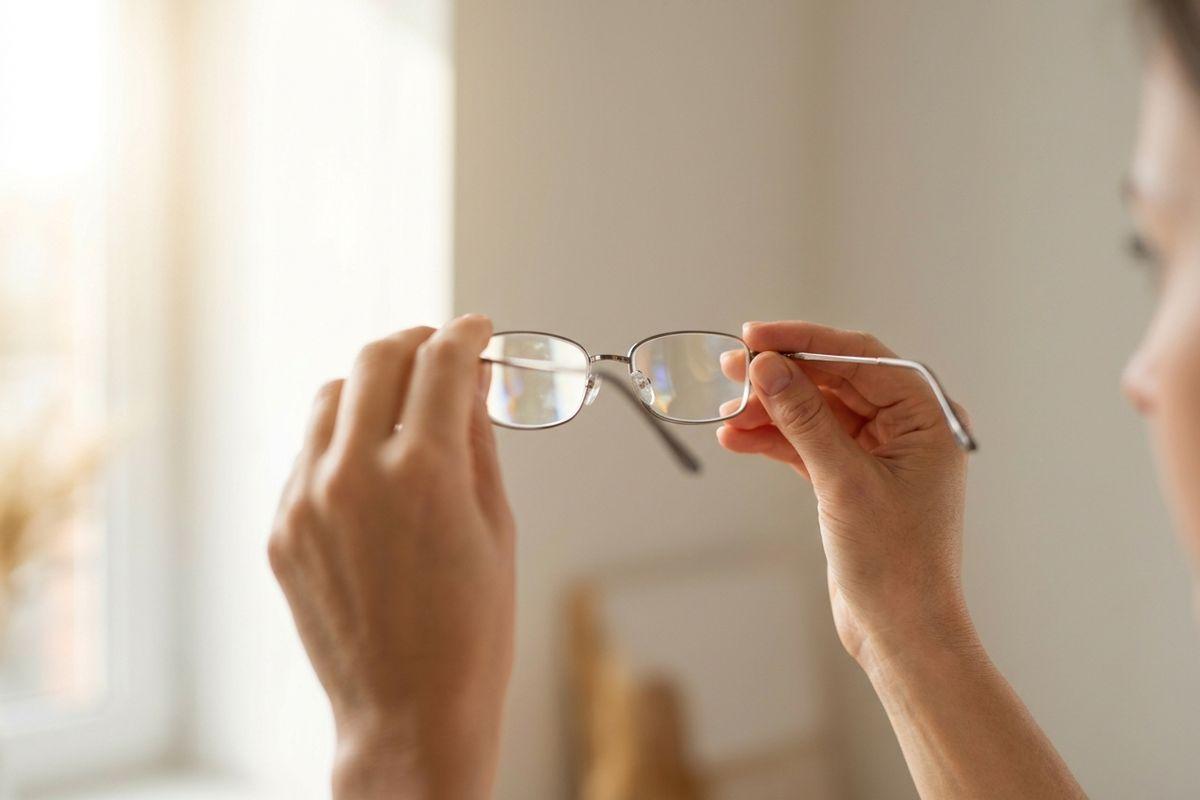 An adult holding a pair of metal-framed eyeglasses with both hands, examining them at eye level indoors.
