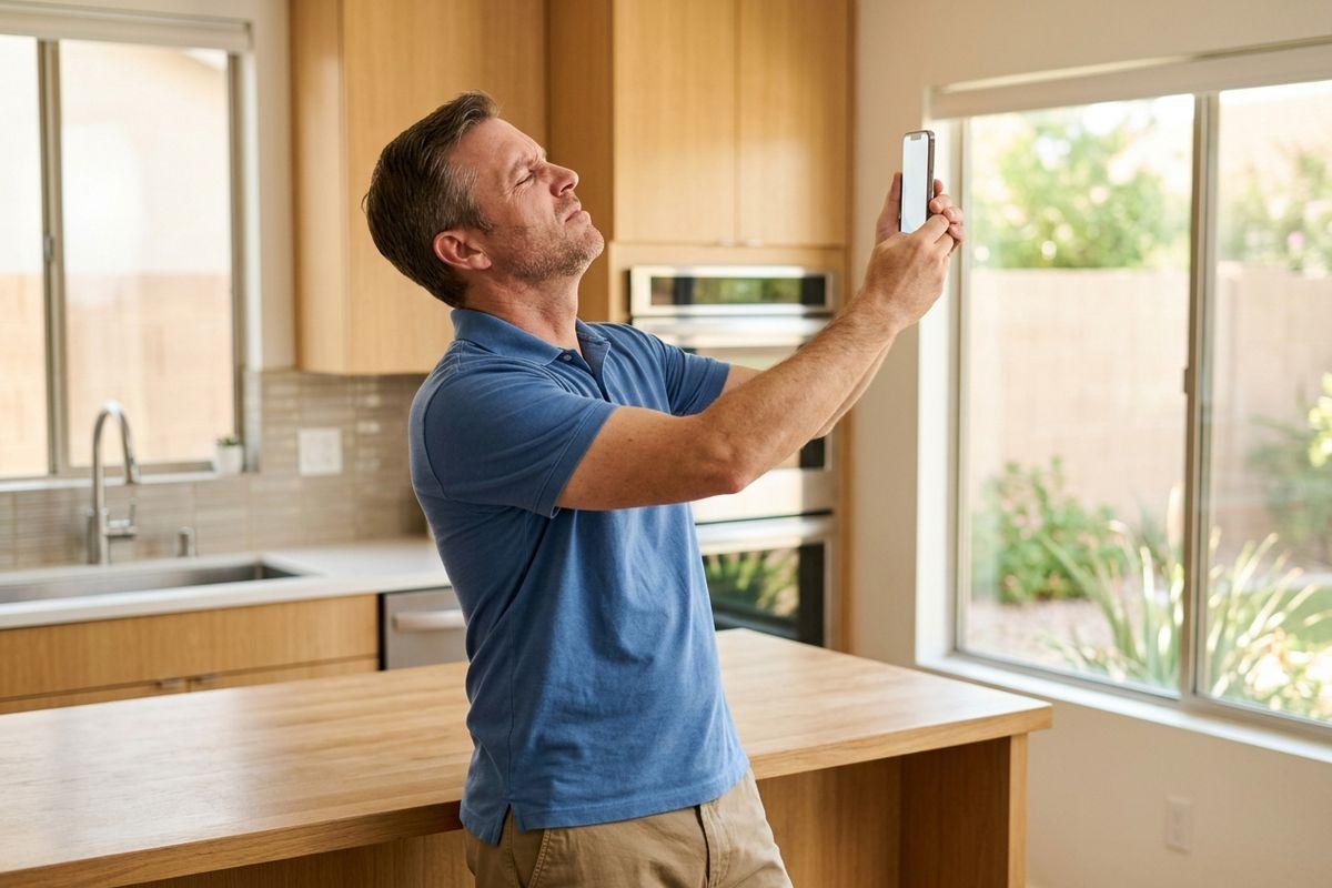 An adult standing in a kitchen holding a smartphone away from their face, squinting, trying to see what is on the screen.
