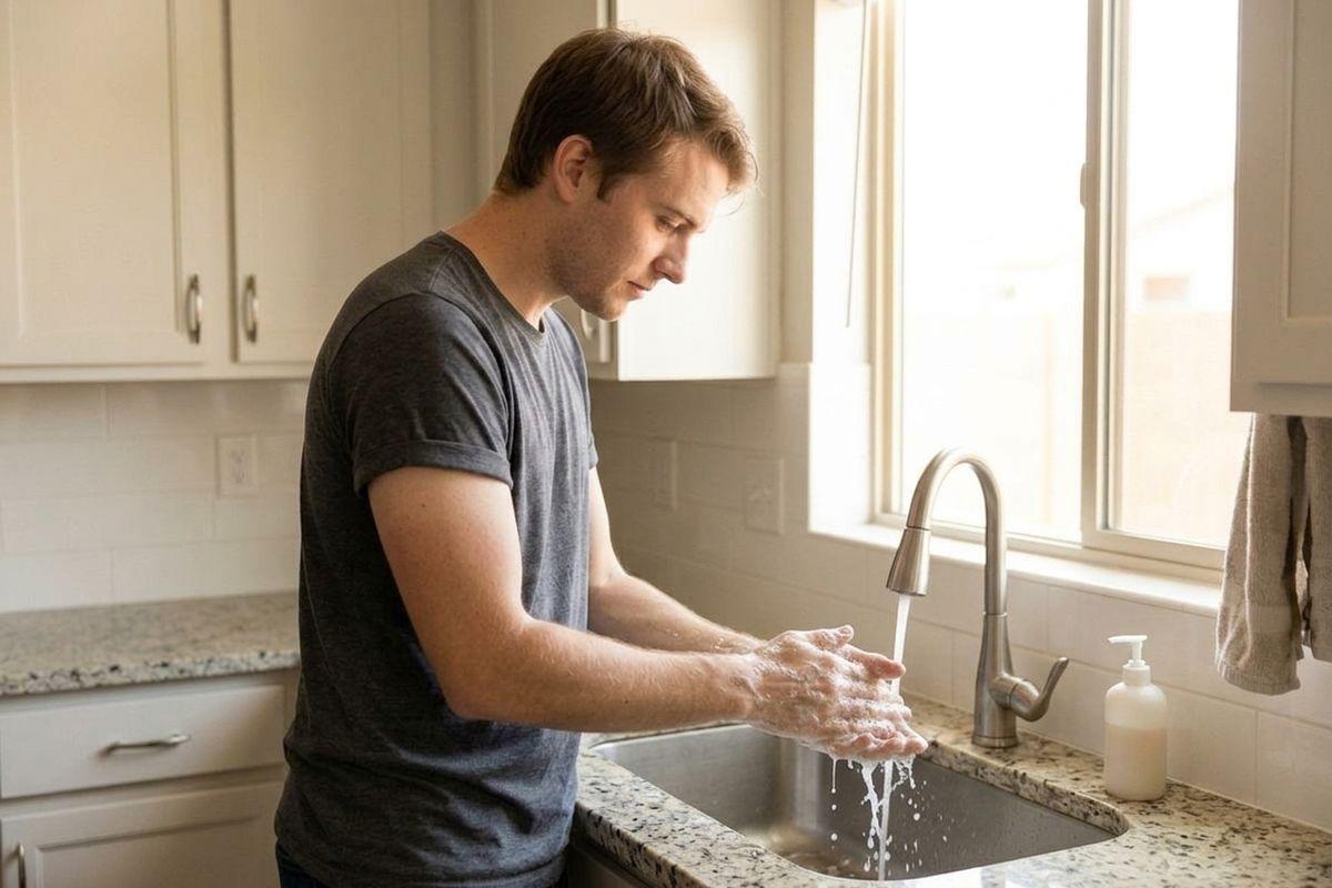 An adult washing soapy hands at a kitchen sink, water dripping, soap dispenser nearby, white cabinets and window in background.